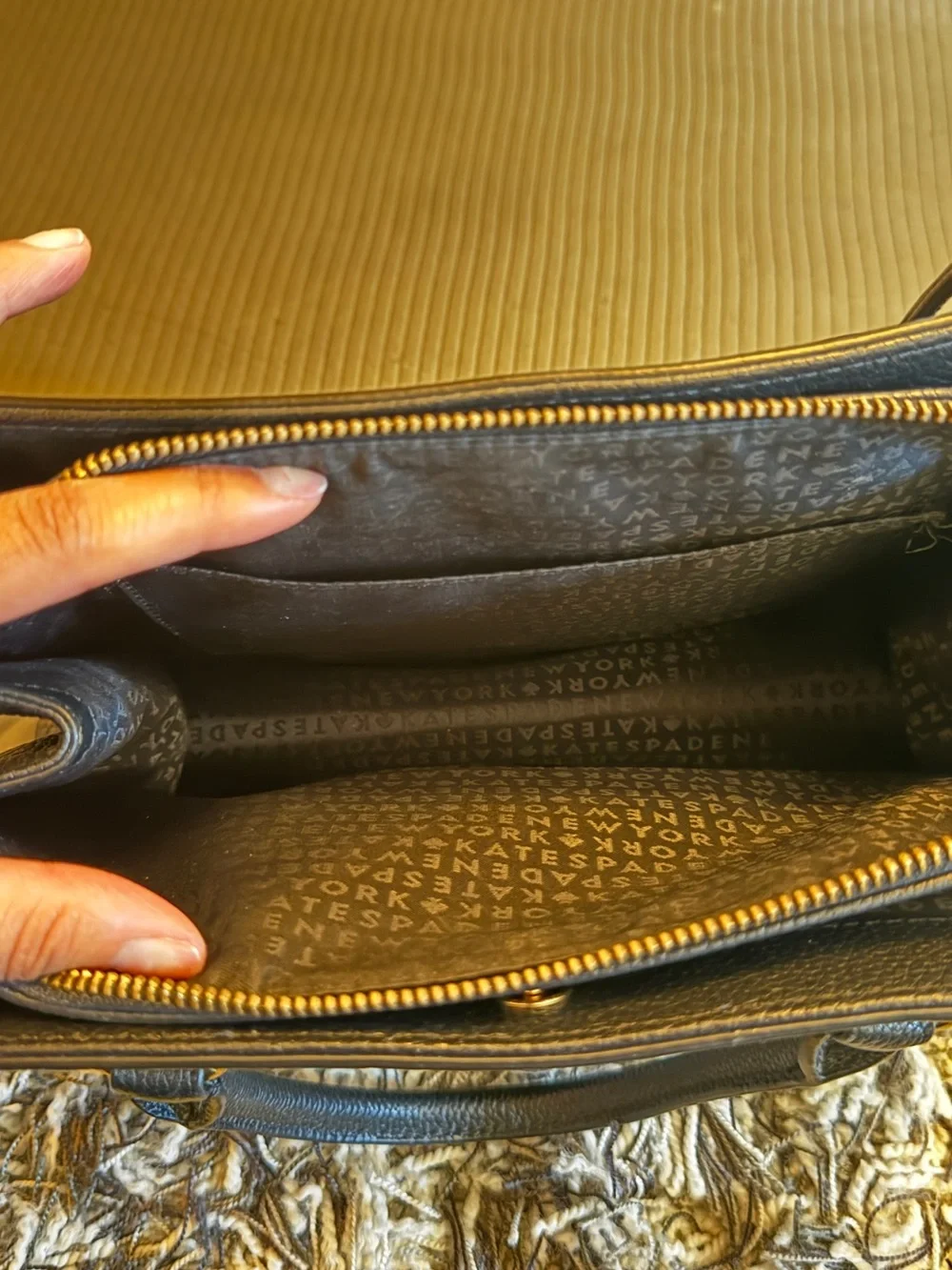 kate spade Black Leather Double-Compartment Satchel with Gold Hardware